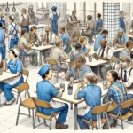 A delicate pen and ink drawing with watercolor accents depicting a small group of ethnically diverse blue-collar workers seated at tables in a cafeteria. The workers, including nurses, waitresses, housekeepers, factory workers, construction workers, cooks, and retail sales clerks, are seen in their work attire, casually interacting with each other during a break.