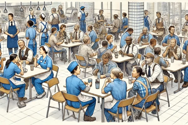 A delicate pen and ink drawing with watercolor accents depicting a small group of ethnically diverse blue-collar workers seated at tables in a cafeteria. The workers, including nurses, waitresses, housekeepers, factory workers, construction workers, cooks, and retail sales clerks, are seen in their work attire, casually interacting with each other during a break.