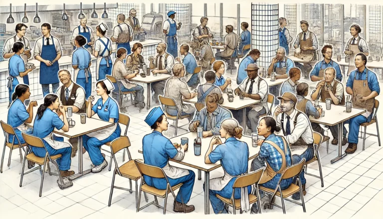 A delicate pen and ink drawing with watercolor accents depicting a small group of ethnically diverse blue-collar workers seated at tables in a cafeteria. The workers, including nurses, waitresses, housekeepers, factory workers, construction workers, cooks, and retail sales clerks, are seen in their work attire, casually interacting with each other during a break.